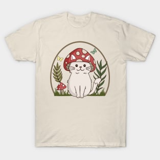 Cute Cat Cottagecore Aesthetic Cat Mushroom Hat T-Shirt